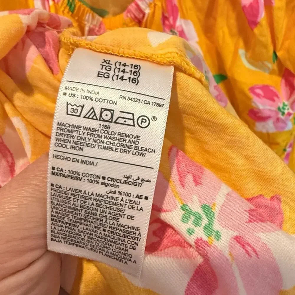 NWT Old Navy Sundress Tiered Dress Yellow Pink Floral Tropical Girls XL 14 16
